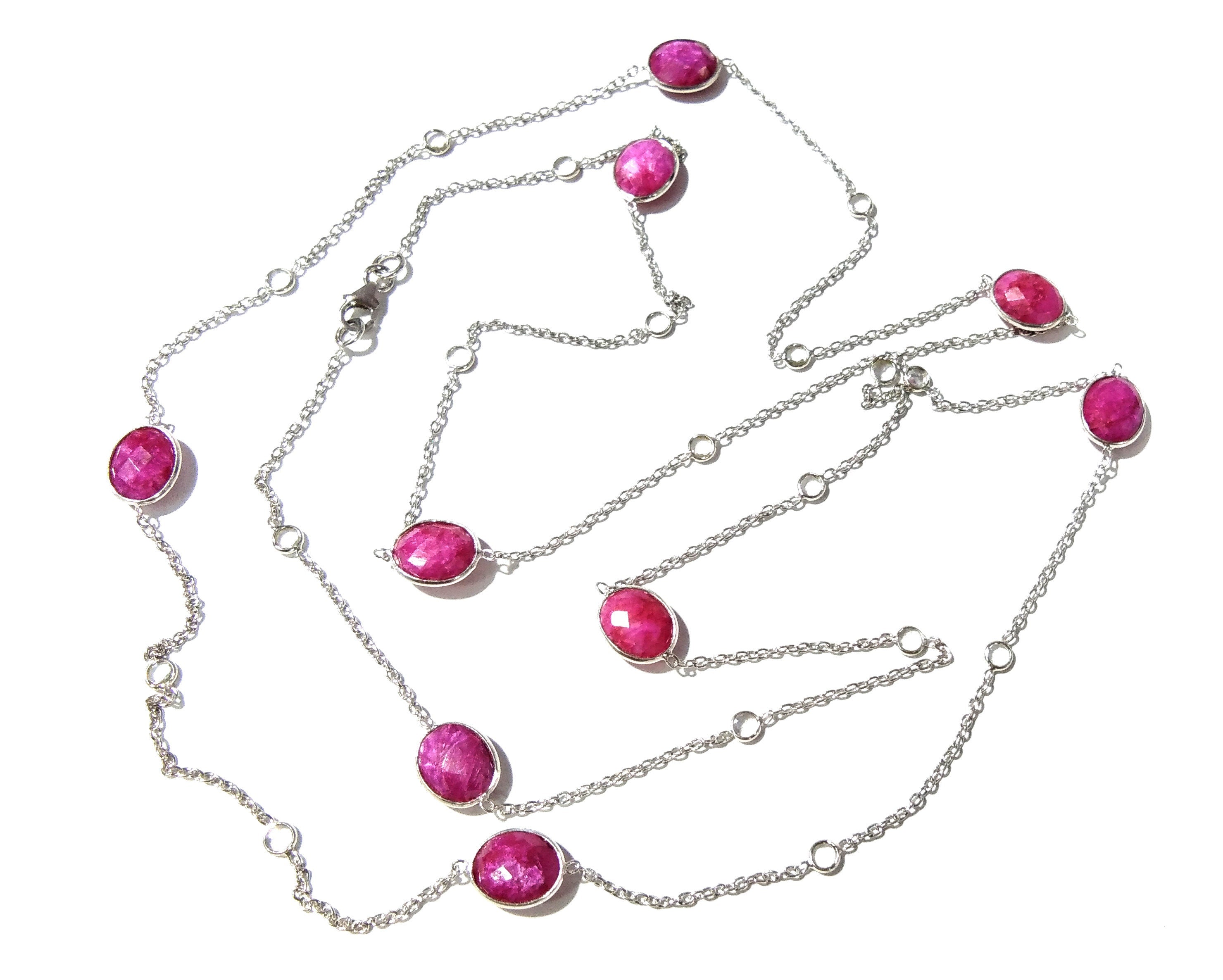 Ruby Necklace in 925 Sterling Silver With Zircon Polky Necklace, Handmade Bezel Necklace 40" Inches Length.